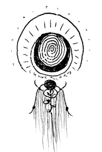 a black and white drawing of a man with a hat on his head