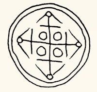 a black and white drawing of a circle with a cross in the middle